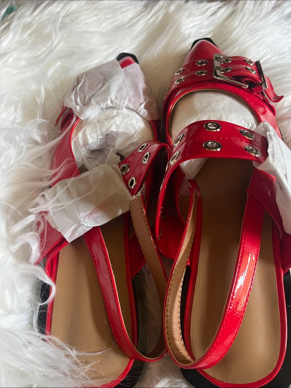 Patent Red Buckle Slingback Flats